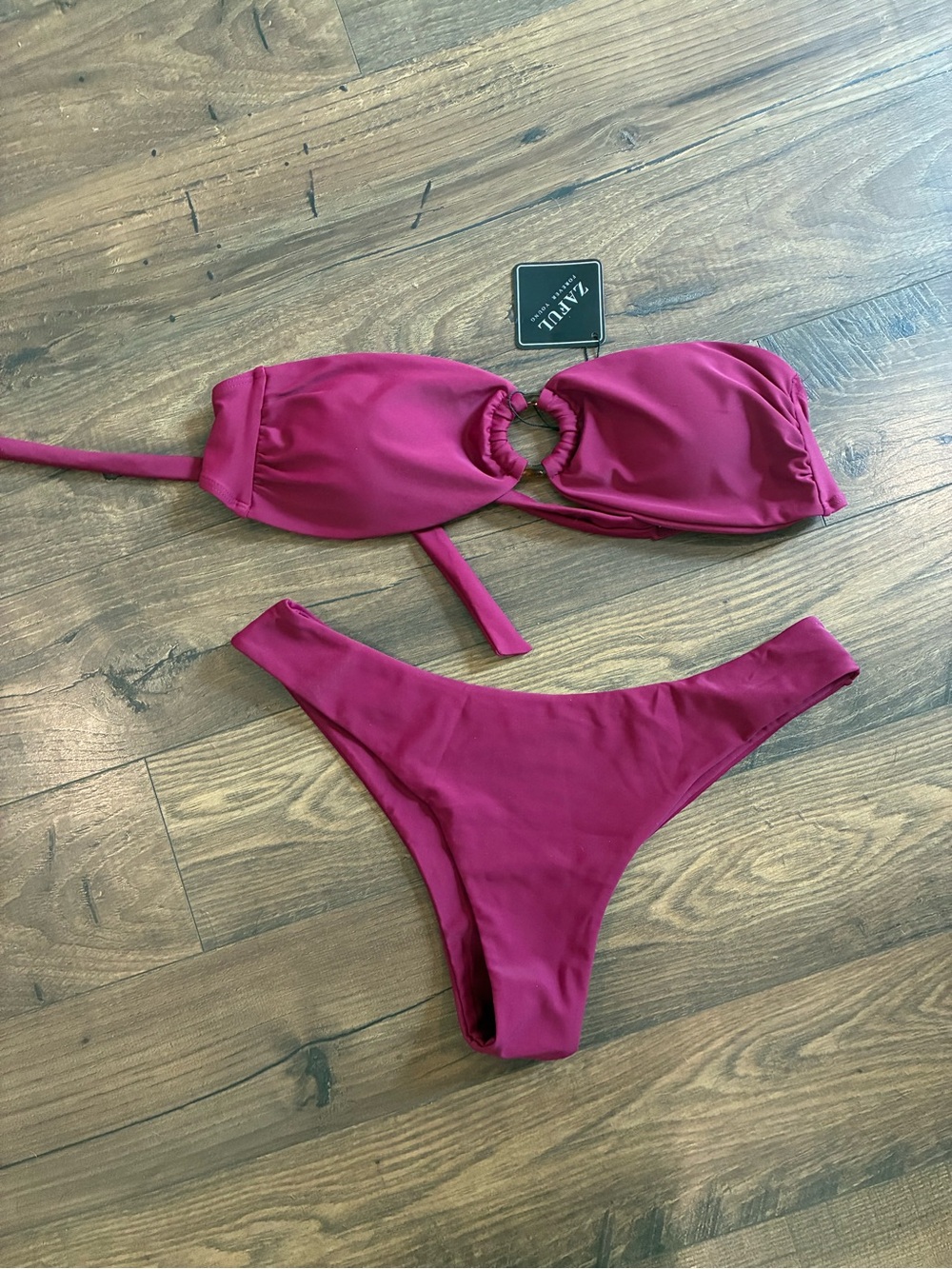 ZAFUL Plum tortoise shell Ring-Detail Bandeau Bikini Set